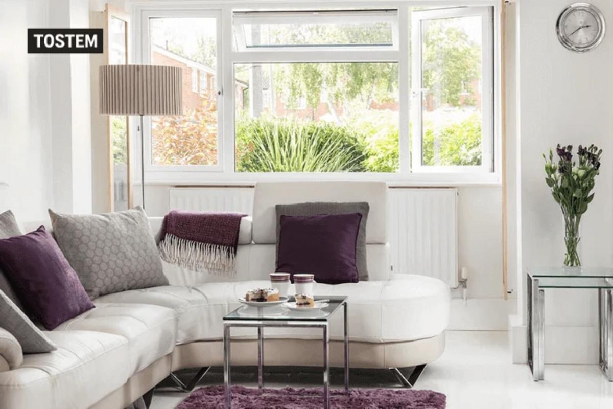 Living room layout with top 10 window design framed view.