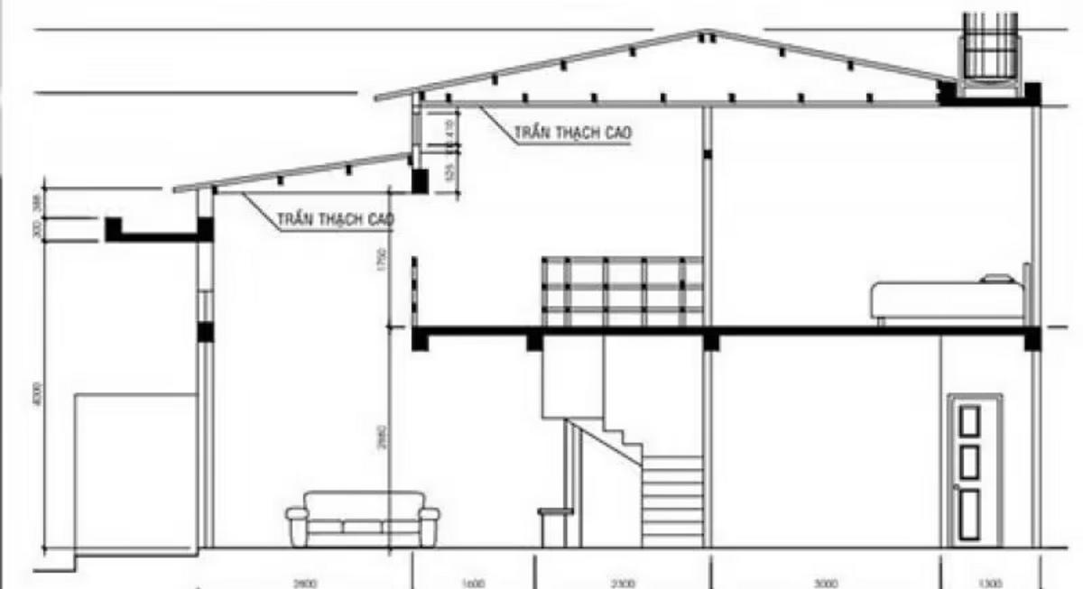 Mặt cắt dọc bản vẽ nhà cấp 4 nông thôn có gác lửng tiện lợi