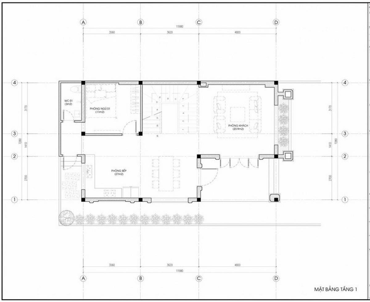 Mẫu bản vẽ nhà 2 tầng mái Nhật 3 phòng ngủ tầng 1