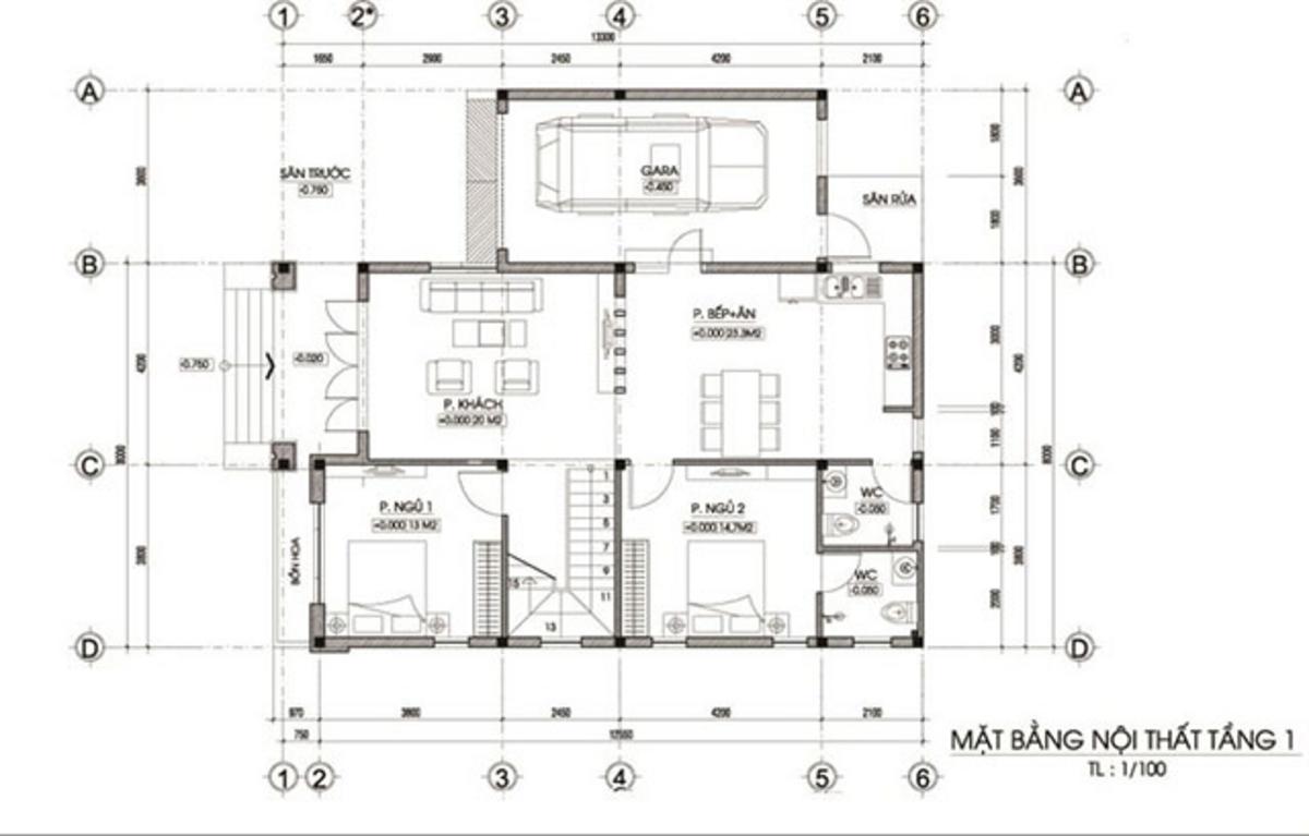 Mẫu bản vẽ nhà 2 tầng mái Nhật 5 phòng ngủ tầng 1