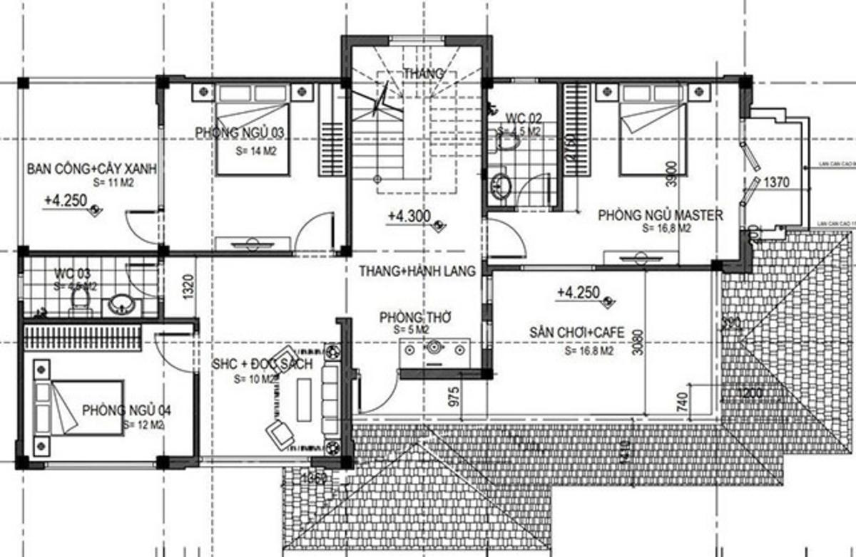 Mẫu bản vẽ nhà 2 tầng mái Nhật 5 phòng ngủ tầng 2