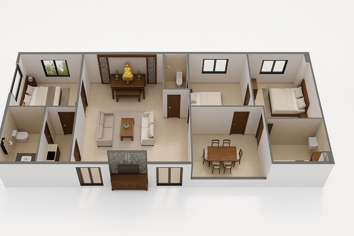 Mẫu nhà cấp 4 100m2 3 phòng ngủ 1 thờ kiểu truyền thống 3 gian ngang rộng