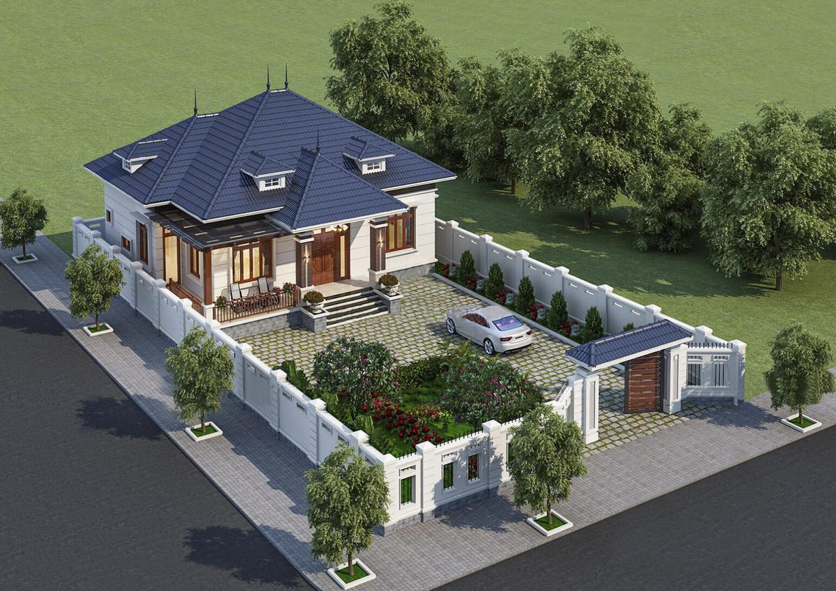 Mẫu nhà cấp 4 4 phòng ngủ 120m2 mái thái có sân vườn rộng để xe và vui chơi