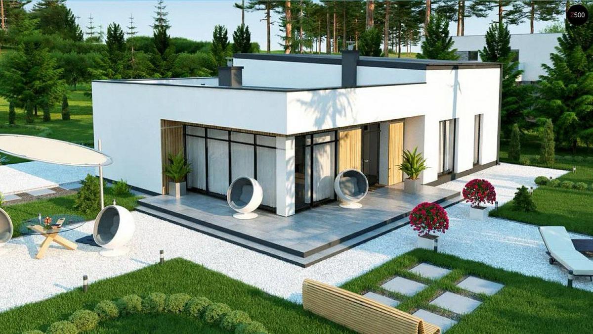 Mẫu nhà cấp 4 mái bằng nông thôn có tông màu trắng-đen và hiên nhà rộng