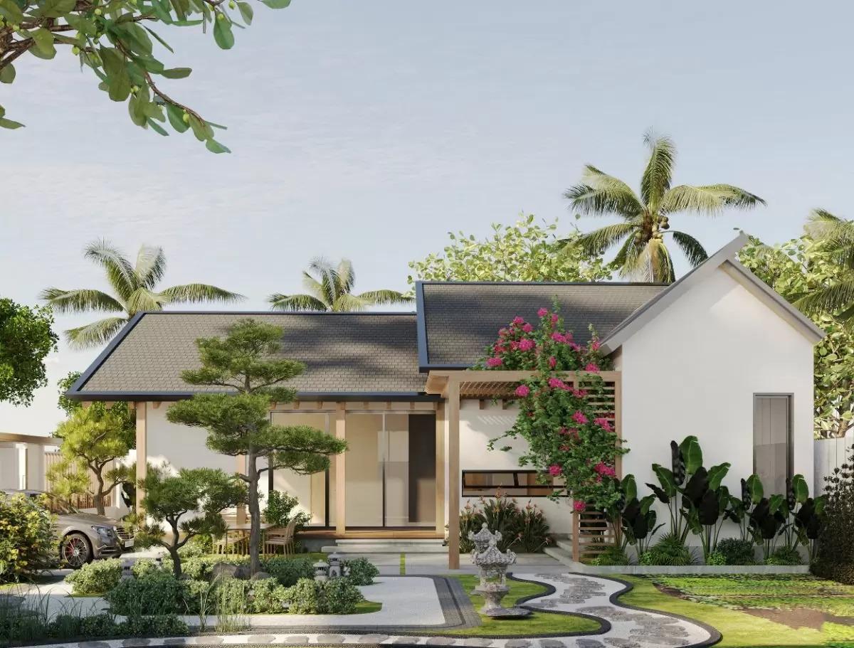 Mẫu nhà cấp 4 nông thôn 2 phòng ngủ có sân vườn xanh mát, chan hòa