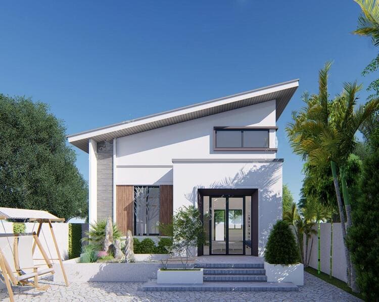 Mẫu nhà gác lửng 500 triệu mái lệch tạo điểm nhấn độc đáo