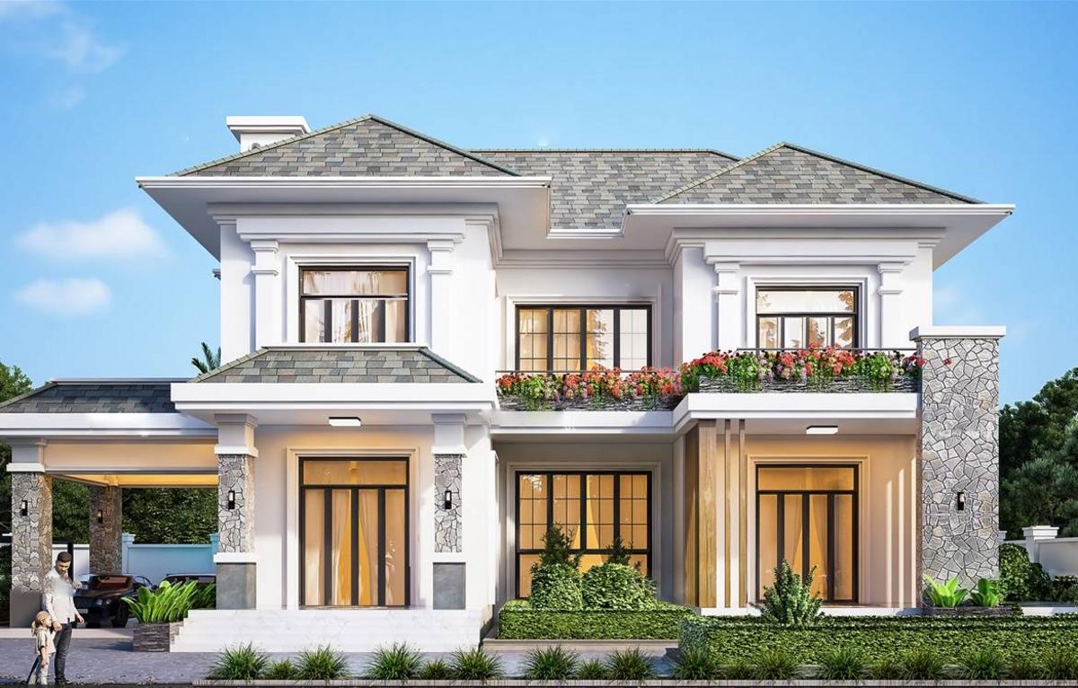 Mẫu nhà mái Nhật 2 tầng hiện đại chữ U tạo khoảng sân trung tâm thoáng rộng