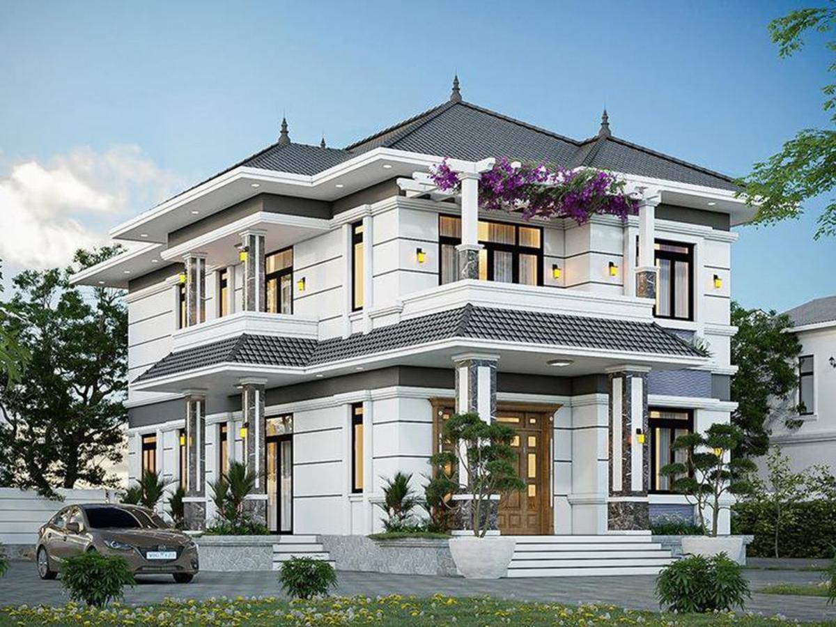 Mẫu nhà mái Nhật 2 tầng hiện đại có sân vườn mang lại không gian sống xanh mát