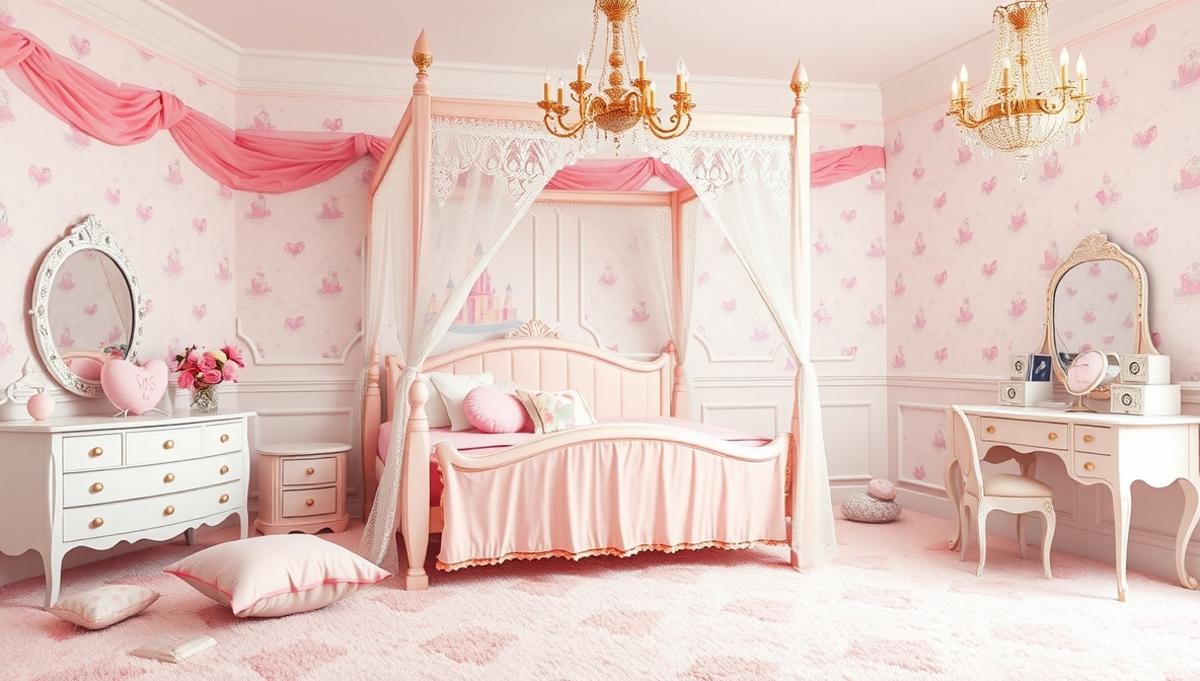 Mẫu phòng ngủ cho bé gái với rèm voan và đèn chùm tinh tế cầu kỳ