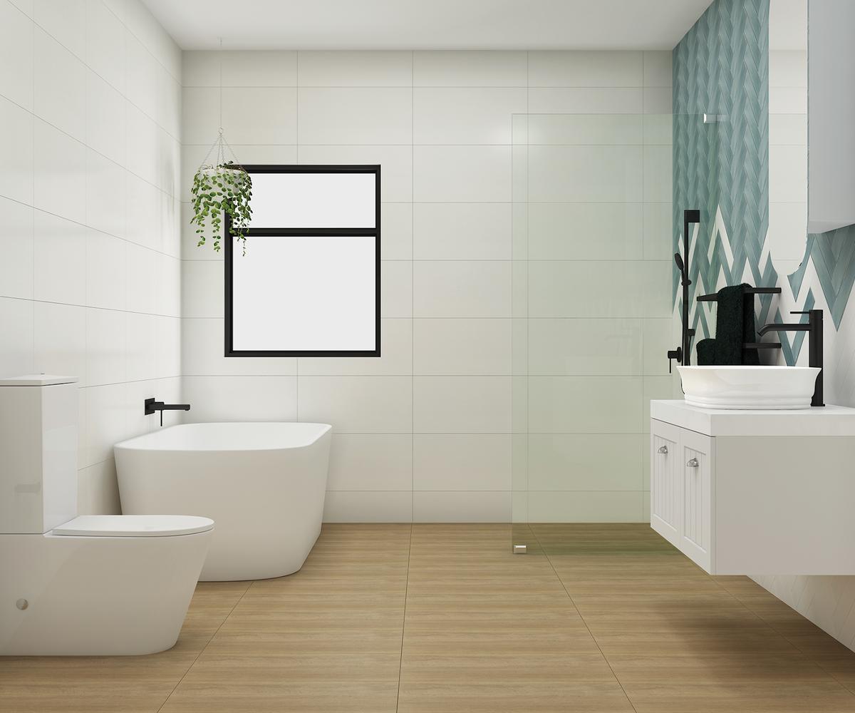 Mẫu phòng tắm đẹp với tường trắng và cửa sổ lớn thoáng sáng