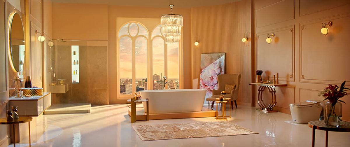 Mẫu phòng tắm luxury châu Âu với tông vàng đồng và pha lê