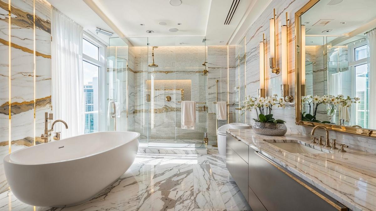 Mẫu phòng tắm sang trọng với đá marble trắng vàng và đèn đồng
