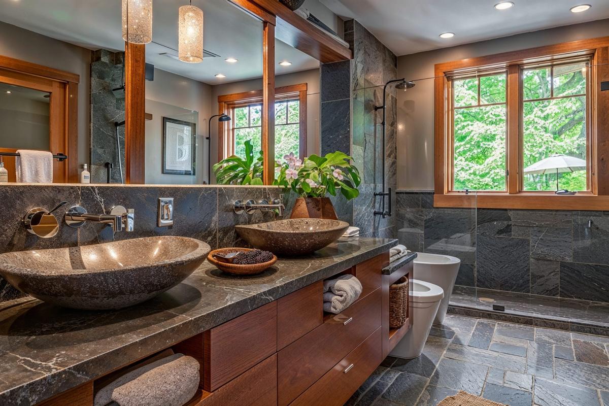 Mẫu phòng tắm spa mộc mạc với lavabo đá tự nhiên và gỗ ấm