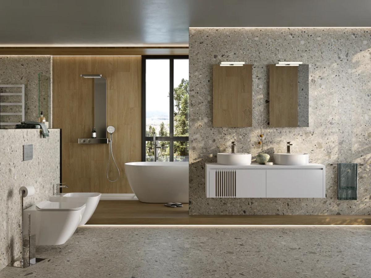 Mẫu phòng tắm trên 10m² với gạch terrazzo và gỗ ấm áp