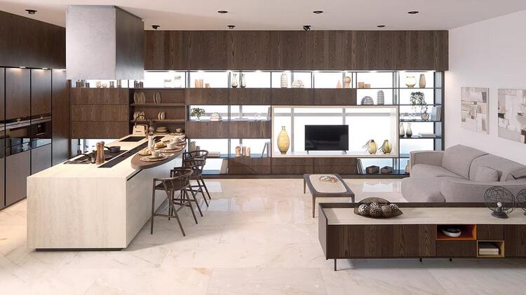 Thiết kế nhà bếp liên thông với phòng khách, tạo không gian mở rộng rãi và liền mạch