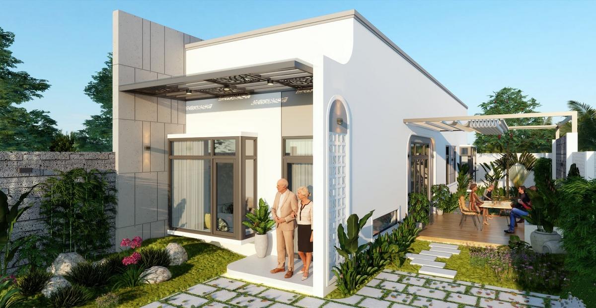 Nhà cấp 4 sân vườn nông thôn mái bằng hiện đại, tối giản, tận dụng mái làm sân thượng