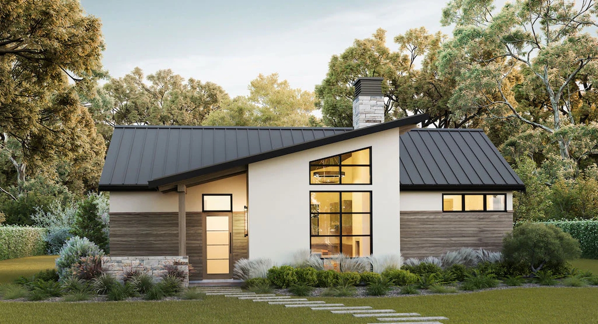 Phần mái lệch trong mẫu nhà cấp 4 nông thôn mái lệch tạo điểm nhấn hiện đại.