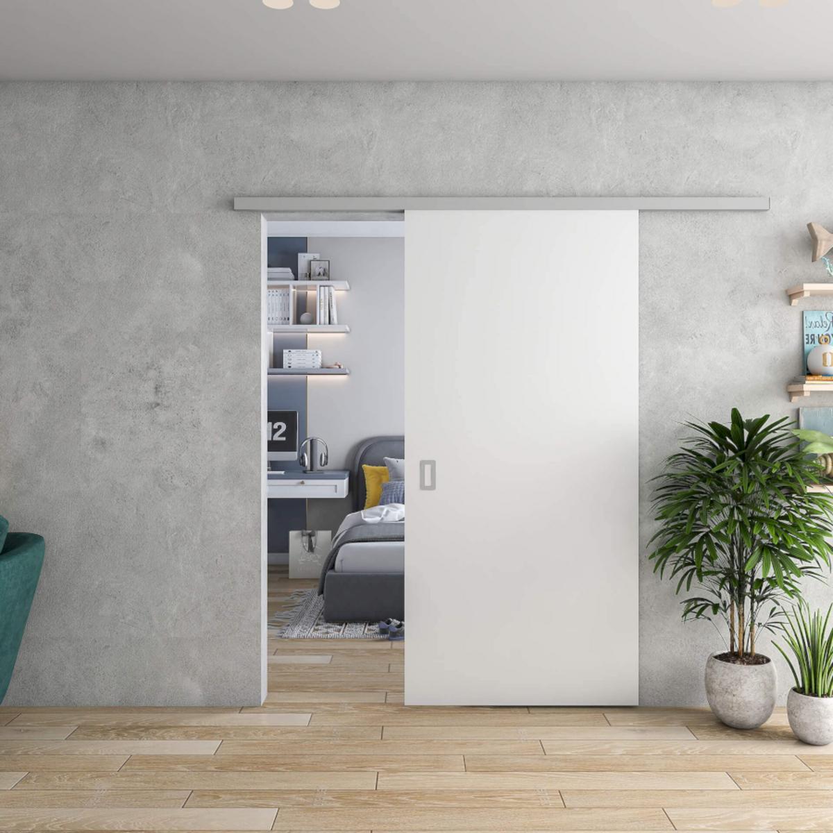 Single panel aluminum glass sliding door design for bedroom separation.