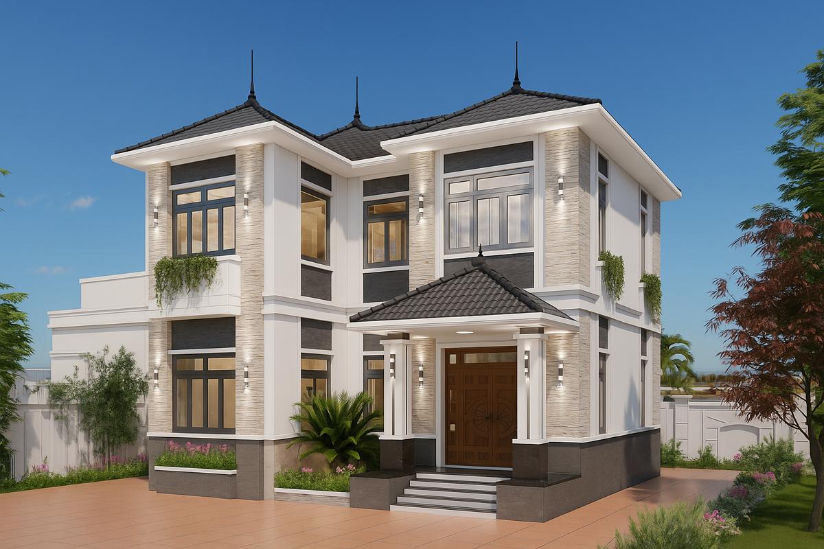 Thiết kế mẫu nhà đẹp 2 tầng mái Nhật hiện đại chữ L với không gian sinh hoạt tiện nghi