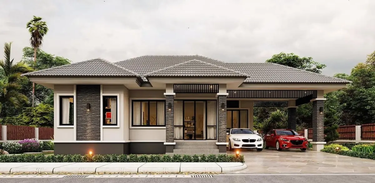 Biệt thự cấp 4 chữ L mái tôn
