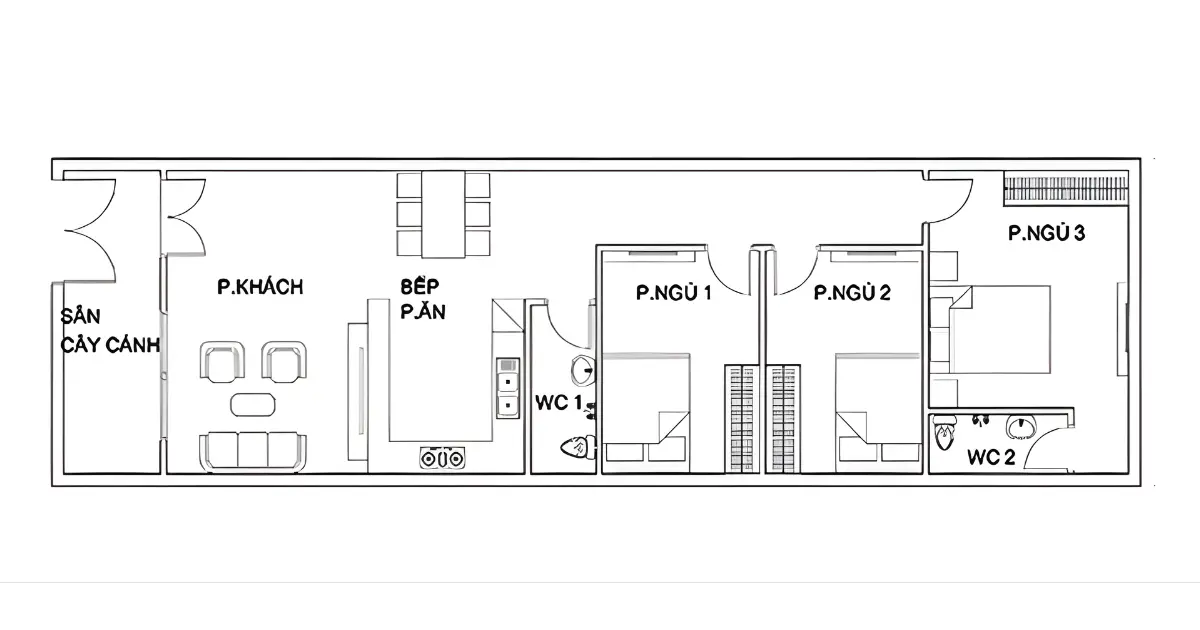 Công năng cho mẫu nhà ống cấp 4 3 phòng ngủ