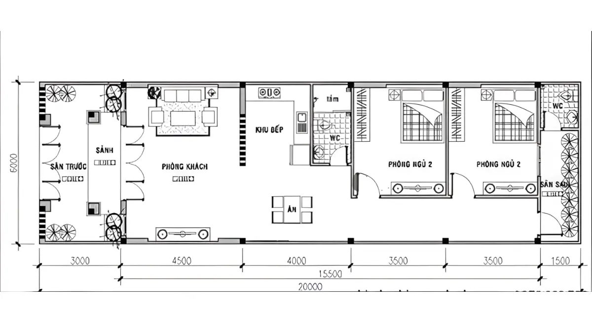 Công năng cho mẫu nhà ống cấp 4 2 phòng ngủ
