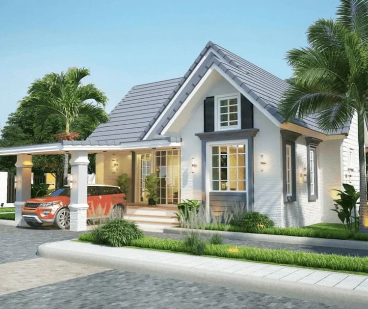 Mẫu nhà cấp 4 mái thái chữ L tích hợp gara ô tô thông minh