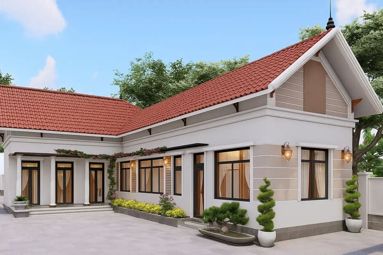 Mẫu nhà cấp 4 chữ L mái Thái 100m2 phân bổ không gian hợp lý, tiện nghi