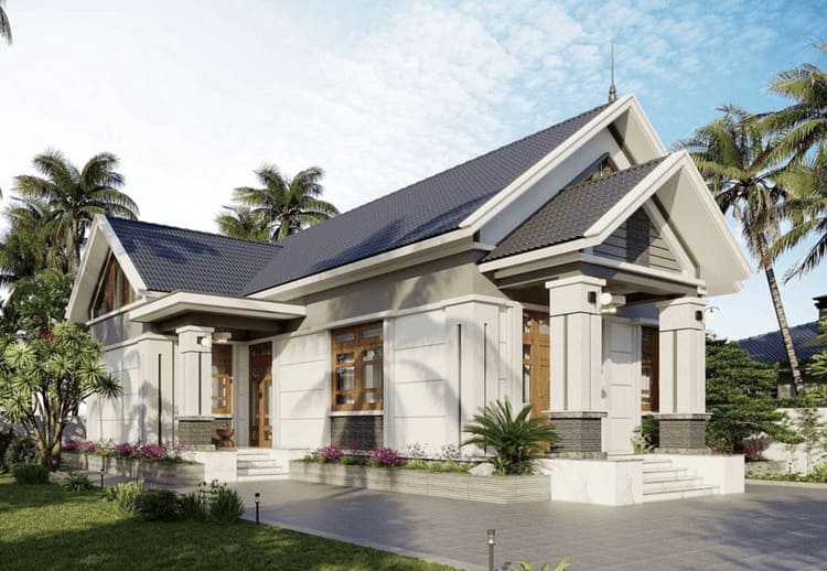 Thiết kế mẫu nhà mái thái chữ L đẹp, đơn giản