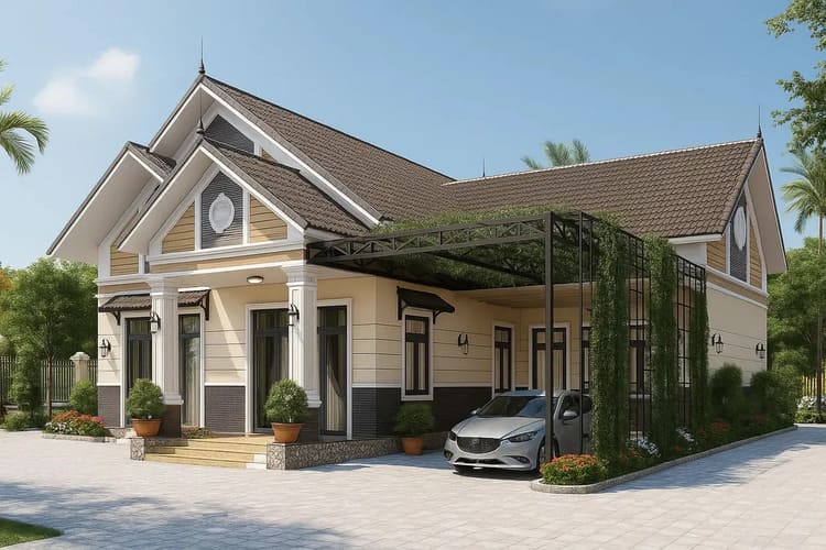 Mẫu nhà cấp 4 chữ L mái Thái 4 phòng ngủ phong cách tân cổ điển
