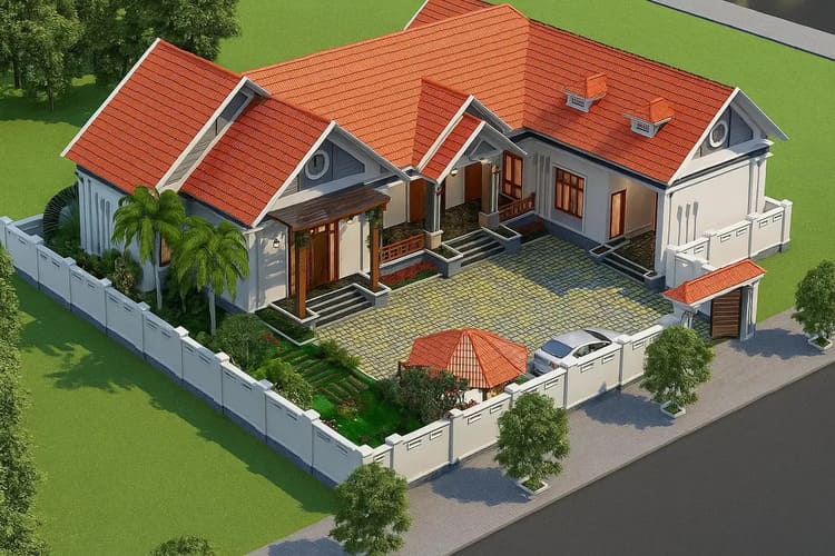 Mẫu nhà cấp 4 mái Thái chữ L đẹp cho biệt thự ngoại ô