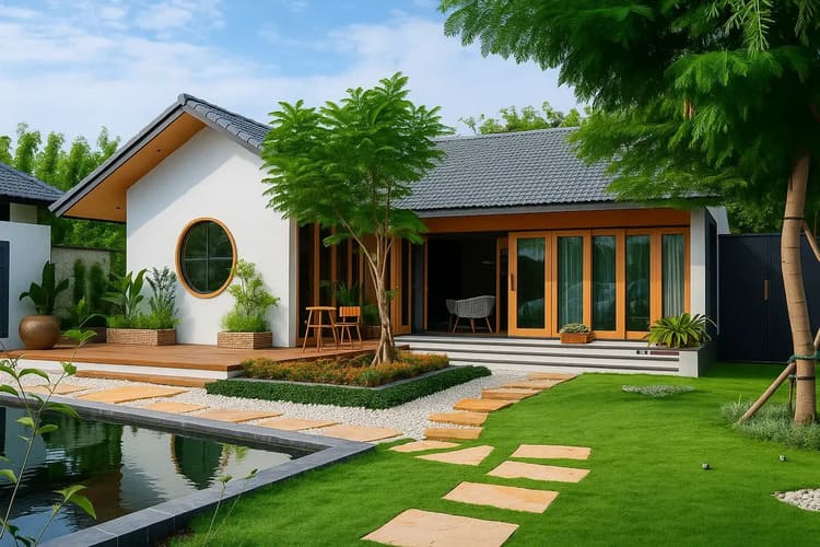 Mẫu nhà cấp 4 mái Thái chữ L kết hợp sân vườn tạo không gian sống xanh và thư giãn ngoài trời