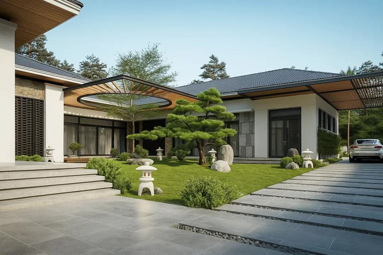 Sử dụng cửa sổ và cửa đi nhôm kính lớn tạo cảm giác rộng rãi, điểm nhấn hiện đại cho mẫu nhà cấp 4 mái Thái chữ L