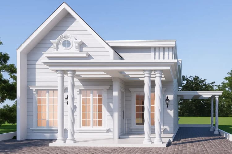 Toàn cảnh mẫu nhà cấp 4 chữ L mái Thái kết hợp cửa nhôm 2 cánh chia ô độc đáo