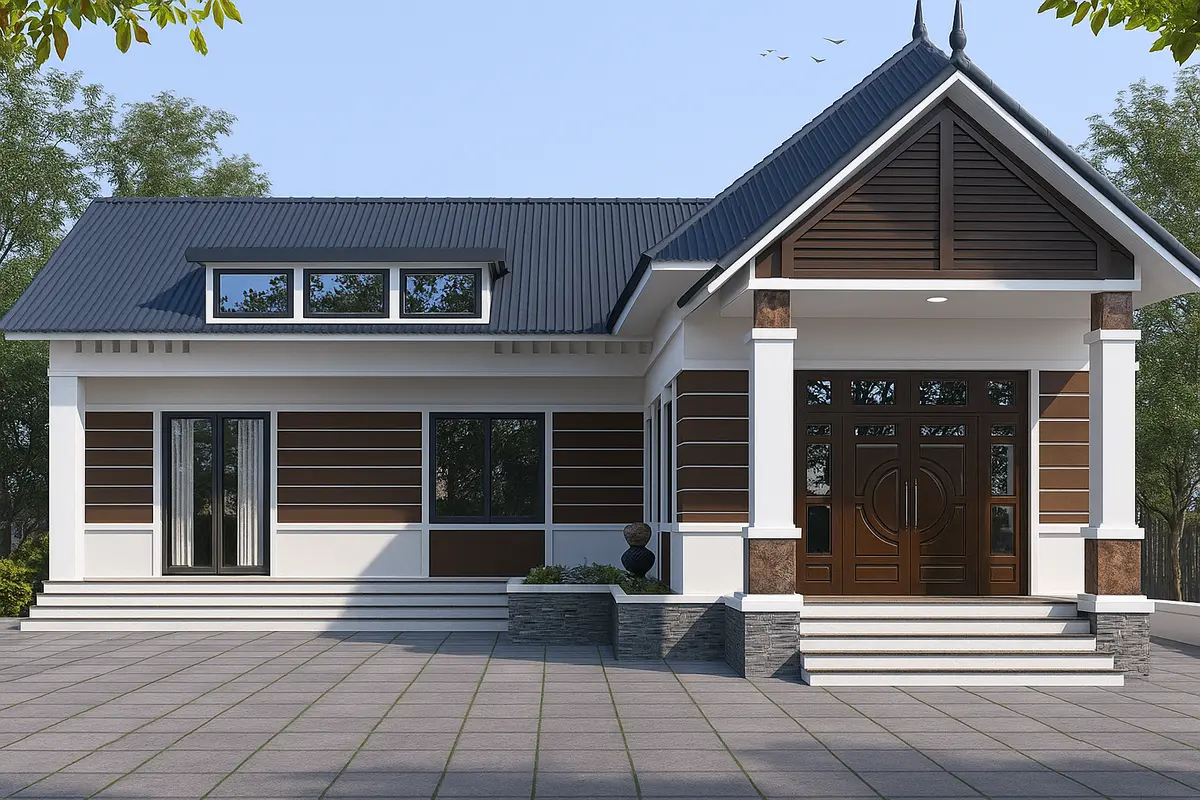 Nhà cấp 4 chữ L lắp thêm cửa sổ nhôm kính ở gác lửng