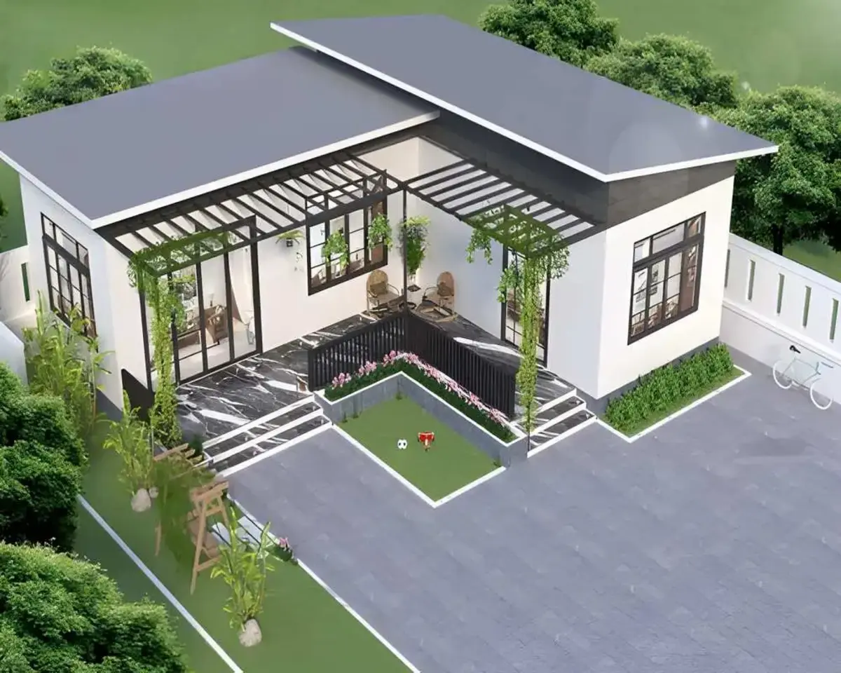 Nhà cấp 4 chữ L mái tôn hiện đại