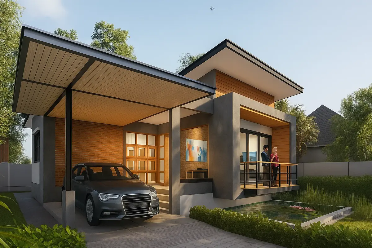 Nhà cấp 4 chữ L hiện đại có chỗ đậu xe ô tô