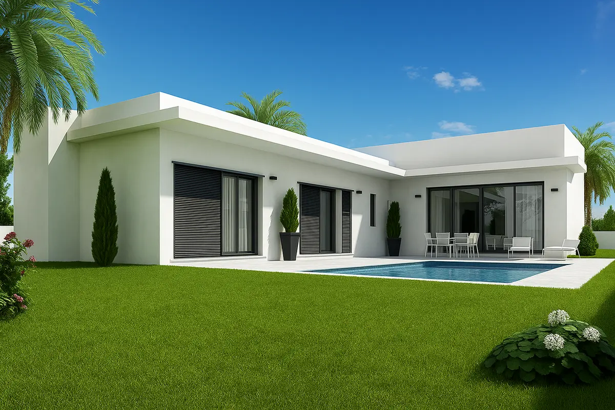 Nhà cấp 4 mái bằng chữ l mái bằng hiện đại có hồ bơi