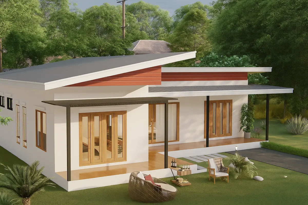 Nhà cấp 4 mái bằng kết hợp mái lệch chữ L 100m2