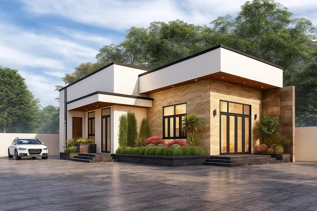 Nhà cấp 4 mái bằng chữ L 100m2 cổ điển, hiện đại