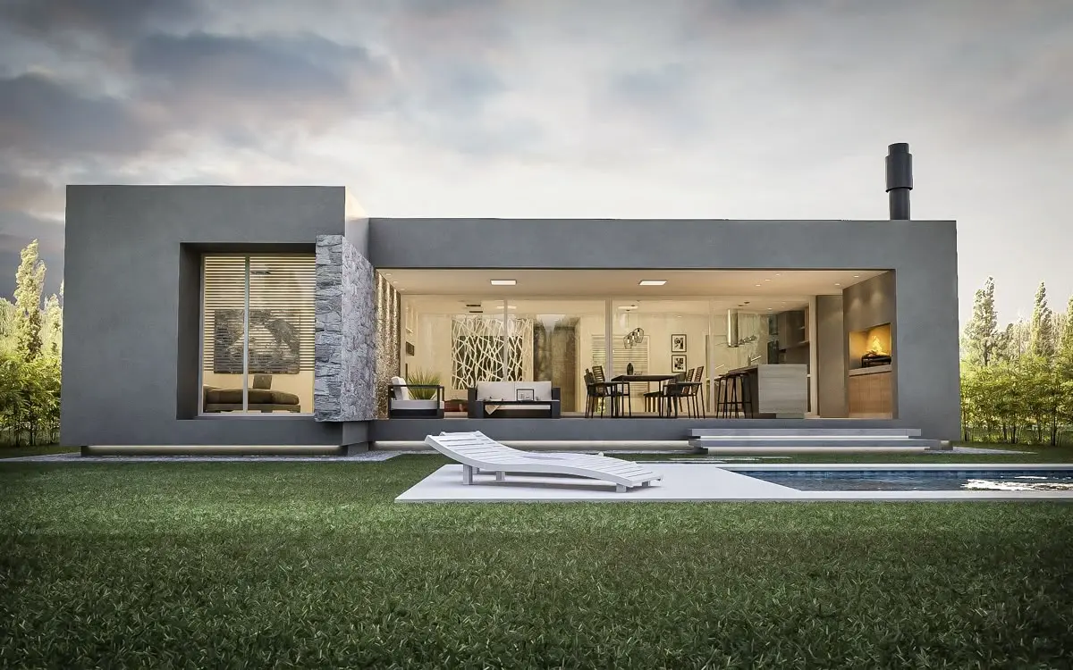 Nhà cấp 4 mái bằng chữ l mái bằng hiện đại với vách kính cố định lớn