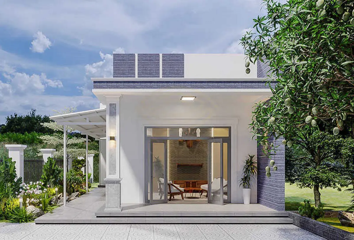 Nhà cấp 4 mái bằng có gác lửng nhìn từ bên ngoài