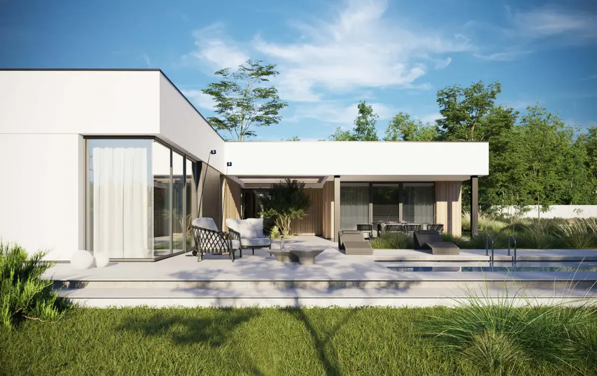 Nhà cấp 4 mái bằng chữ l mái bằng sử dụng kính nhôm lấy sáng