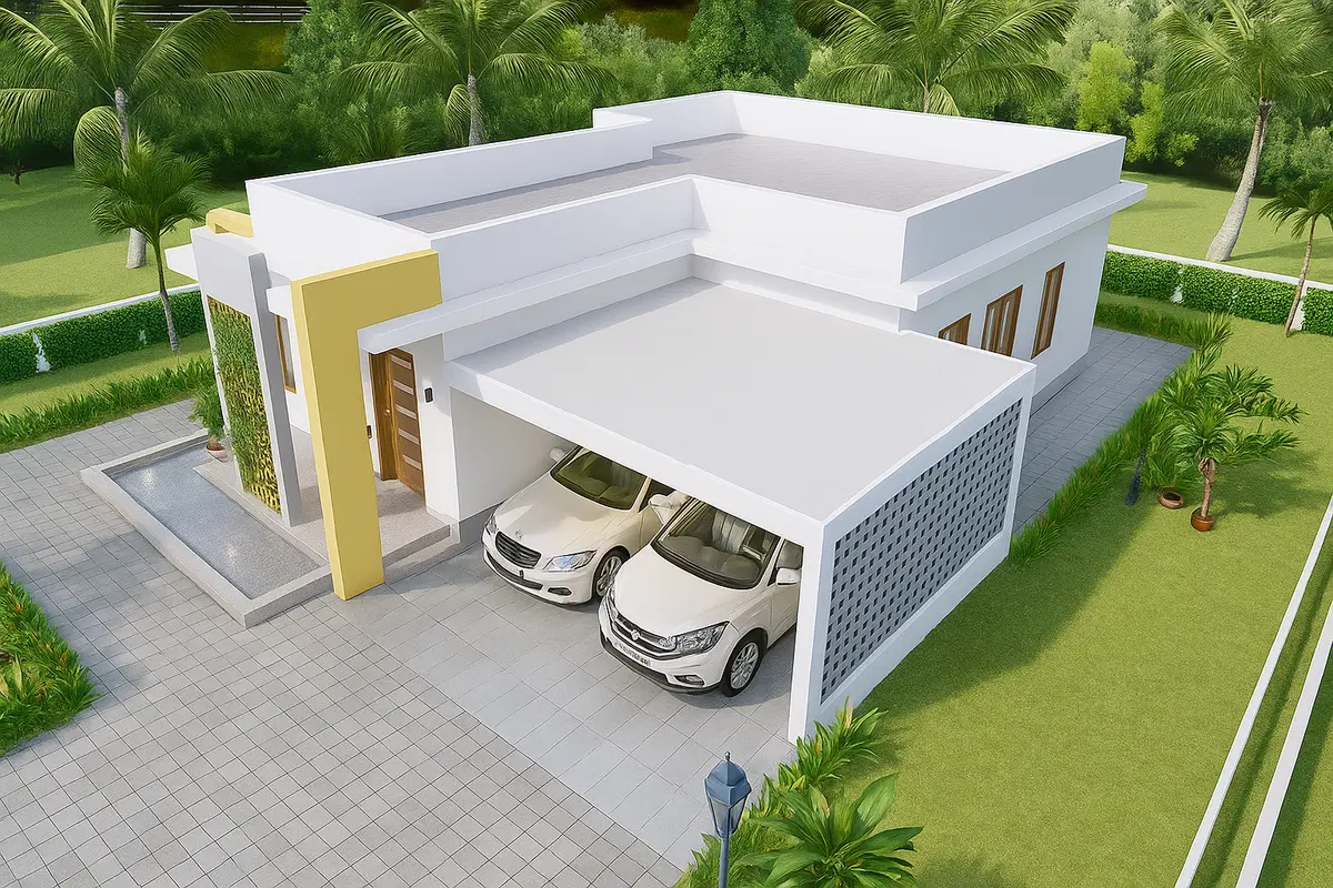 Nhà cấp 4 mái bằng chữ L có gara ô tô có lam thông gió