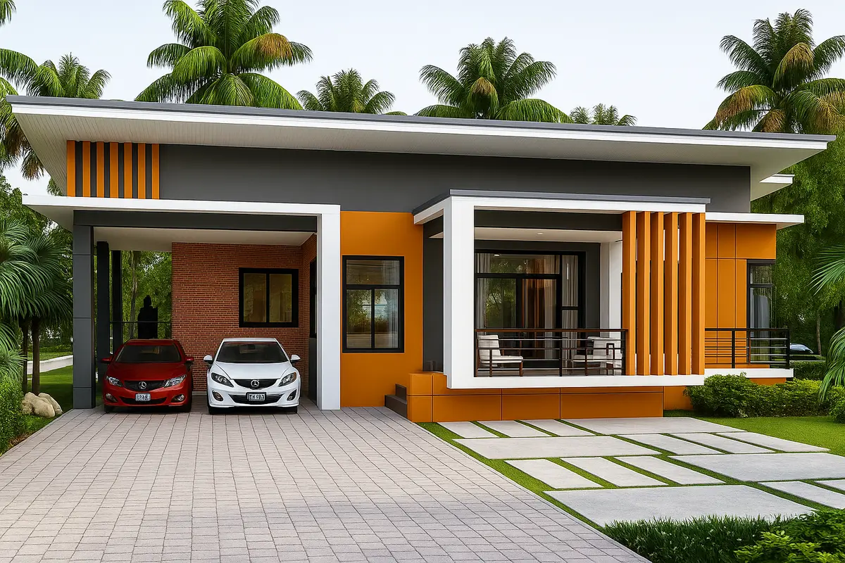 Nhà cấp 4 mái bằng chữ L có gara ô tô lớn