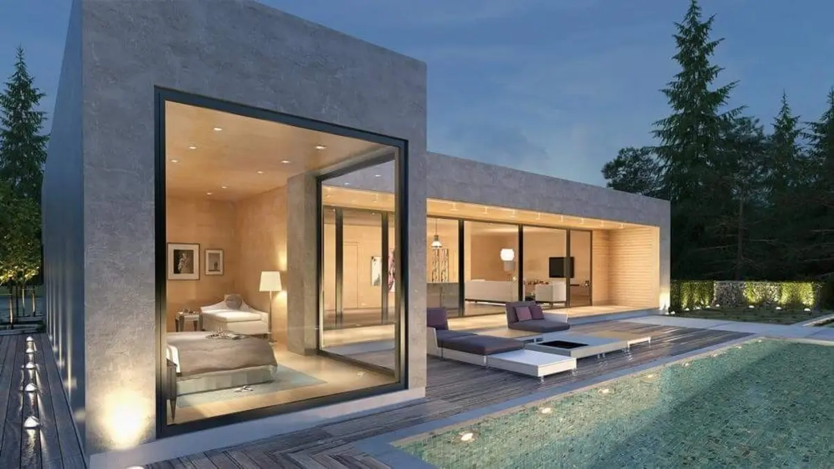 Nhà cấp 4 mái bằng chữ L có sân thư giãn và hồ bơi