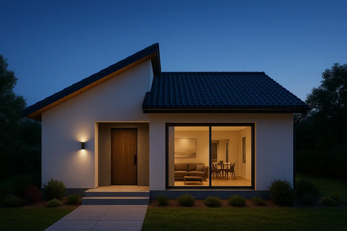 Nhà cấp 4 mái ngói lệch nông thôn có cửa kính lớn lấy sáng