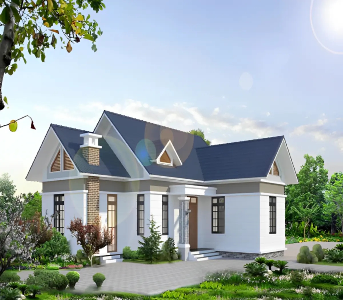 Nhà cấp 4 mái tôn chữ L kết hợp sân vườn đẹp
