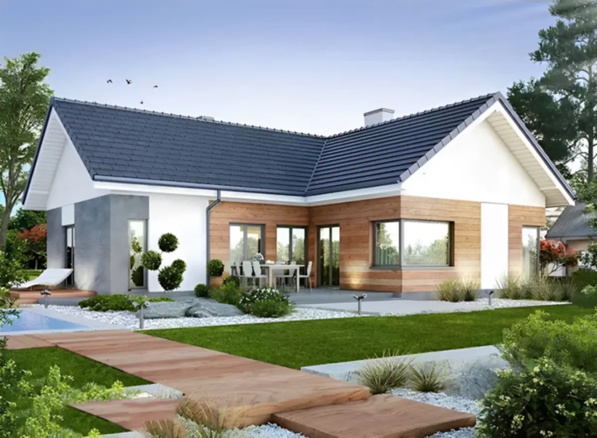 Nhà cấp 4 mái tôn chữ L kết hợp sân vườn