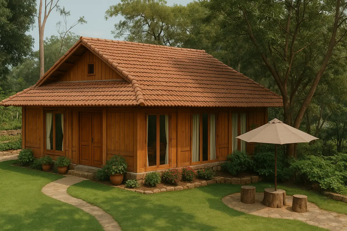 Nhà gỗ cấp 4 mái ngói kết hợp cửa kính